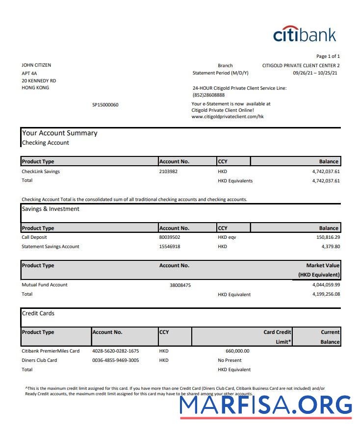 Realistic Hong Kong Citibank credit card statement word download for verification